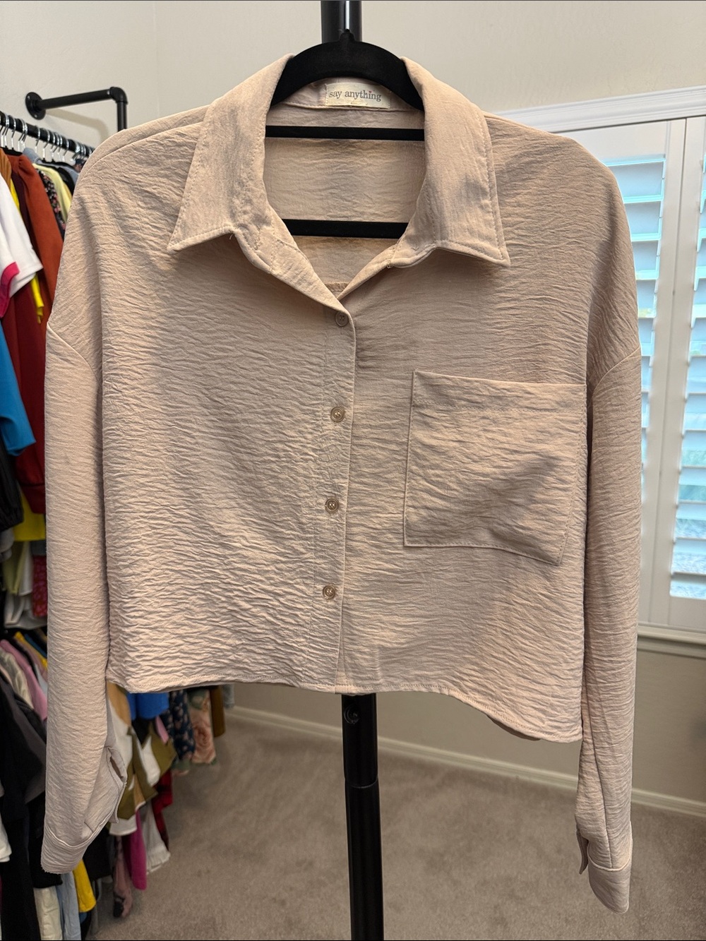 Say Anything - Light Pink Cropped Button-Up Pocket Shirt - Women's Top